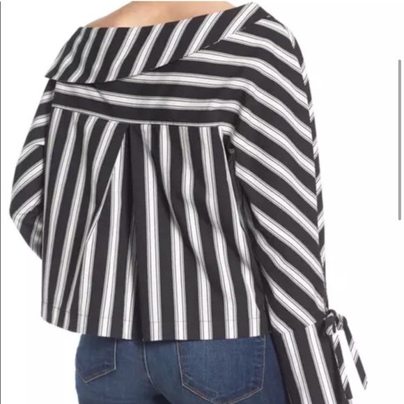 Topshop Black and White One Shoulder Popover Long Bow Tie Sleeve Top - Picture 4 of 13